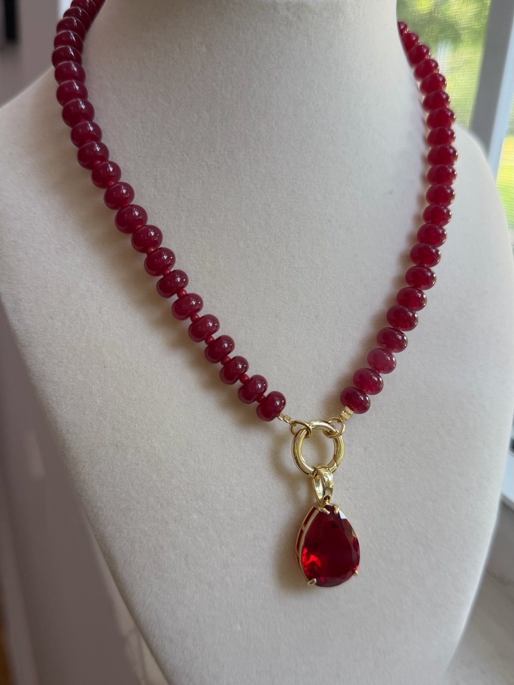 Red Beaded Natural Stone Pear Pendant